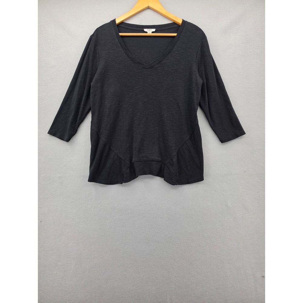 NIC+ZOE NZT Grey Slub Knit V-Neck Top 3/4 Sleeve Asymmetrical Hem Size M Cotton